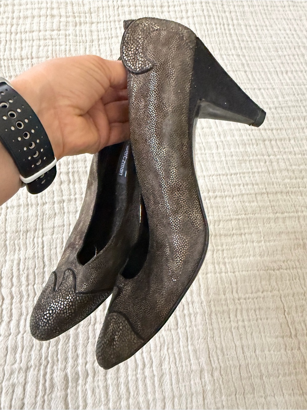Stuart Weitzman Metallic Charcoal Pointed-Toe Heels